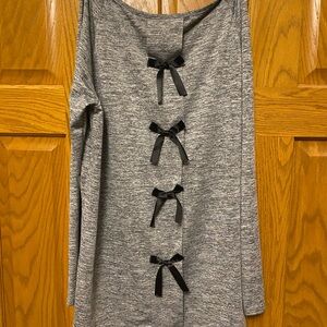 Asymmetrical Gray Long Sleeve Top with Black Bow Accents on Back